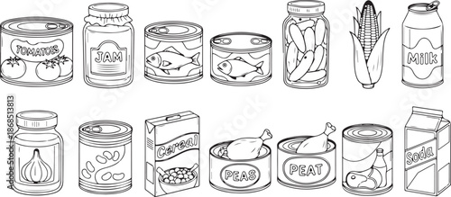 Hand drawn canned goods and food canned tomatoes jam jar