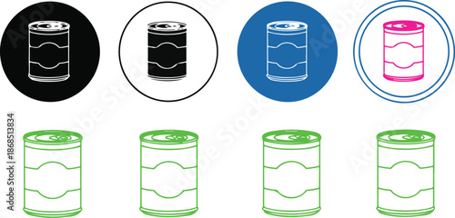 Set of eight canned food in various colors and styles