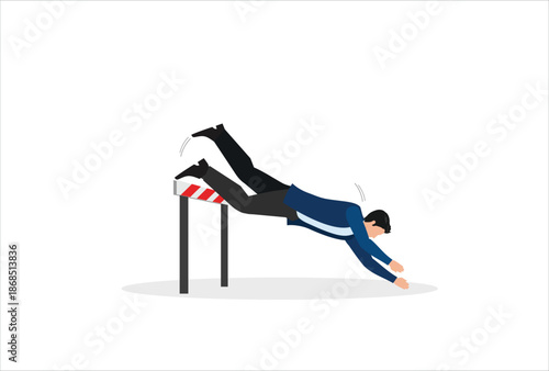 icon work Business failure, mistake or cannot overcome difficulty or obstacle, problem or under perform employee concept, frustrated businessman loser fail to jump over hurdle and falling to the groun