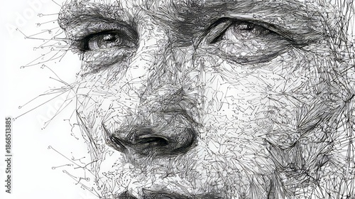 Intricate grayscale artwork depicts a partial face rendered with fine lines and scattered, connected nodes, creating an ethereal effect