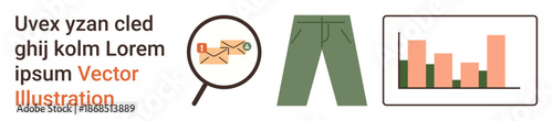 Data analysis, communication, business growth, casual fashion, infographic design, e-commerce. Vector showing magnifying glass with email, pants and bar graph. Data analysis and communication