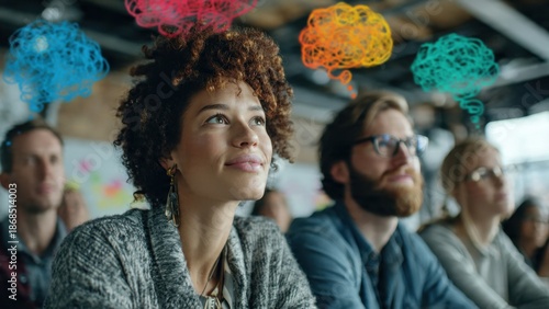 Diverse Group of Professionals in Creative Workshop with Colorful Brainstorming Concepts Above Their Heads