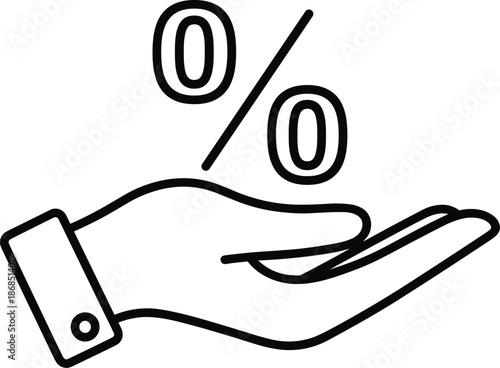 Hand holding percentage icon, financial interest rate symbol, discount offer illustration, loan percentage concept, business finance outline graphic
