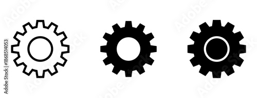 Gear and settings icon set in outline and solid styles, representing configuration, system control, preferences, settings, tools, and technical configuration for UI design.