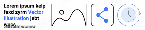 Content sharing, time management, data visualization, teamwork, organization, digital tools. Three icons showing a photo, network share and clock. Content sharing and time management concepts