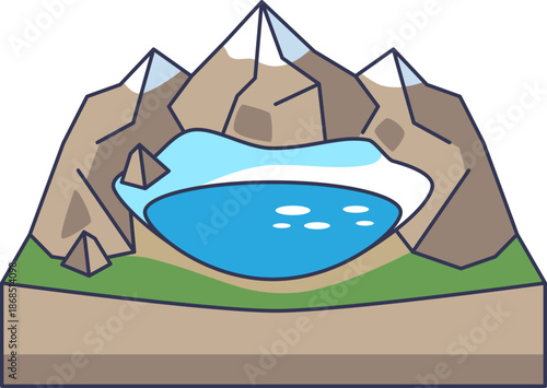 A vibrant illustration of a TarnLake, showing a glacial pool surrounded by snow-capped peaks. It captures the essence of alpine serenity and the raw beauty of mountain landscapes.