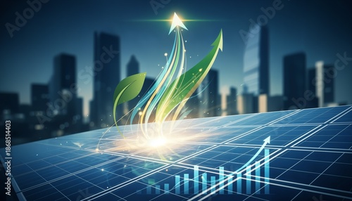 Renewable energy concept with solar grid, bright light arrows in city