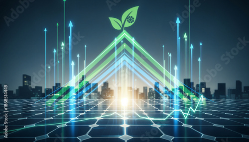 Solar grid and upward light arrows in modern city, renewable energy