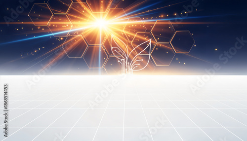 Abstract solar energy background with light rays and solar panel cells