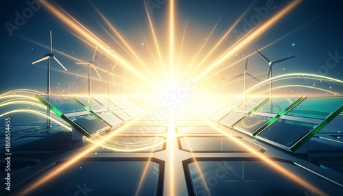 Bright solar energy sunbeams, modern solar panels, wind turbines