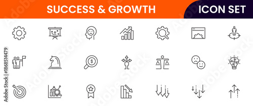 Success and growth icons illustrating achievement, progress, goals, upward trends, motivation, milestones, performance, strategy, and development.