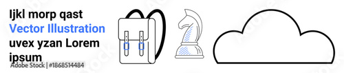 Education, strategy, planning, technology, data, storage. Icon set features a backpack, chess knight and cloud symbol. Education and strategy-themed concepts highlighted with minimal designs