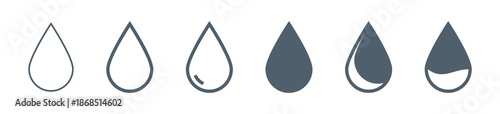 Water drop icon set in outline and solid styles, clean minimal shapes for fluid, rain, weather, and liquid UI design