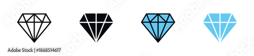 Diamond icon set in outline and solid styles, in black and blue variations for luxury, jewelry, and premium UI designs