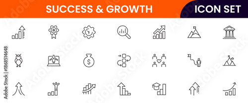 Success and growth icons illustrating achievement, progress, goals, upward trends, motivation, milestones, performance, strategy, and development.