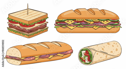 Set of Four Different Sandwiches and a Wrap Vector Illustration.