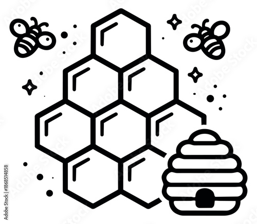 Hand drawn line art nature elements set featuring bees, honeycomb, and a beehive for natural product packaging