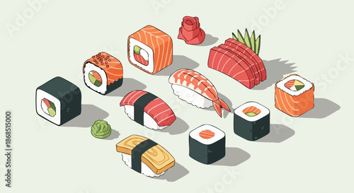 Isometric illustration of a Japanese sushi and sashimi set.