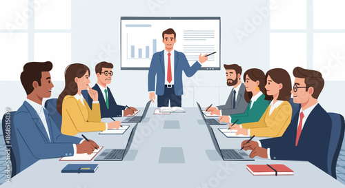 Corporate manager giving a business presentation to a team in a modern office conference room.