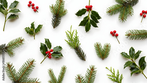 Christmas foliage and berries on white background