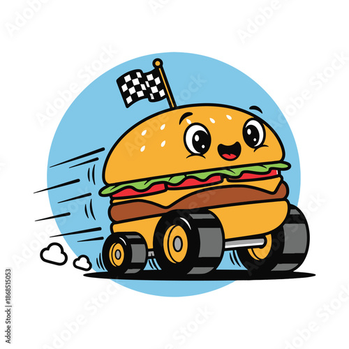 Animated burger with face and checkered flag racing on wheels