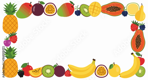 Colorful fruit border design with various tropical fruits arranged around a white space.