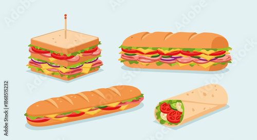 Vector illustration set of different sandwiches and a wrap.