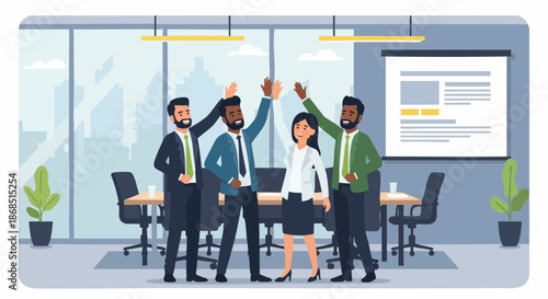 Team celebrating success in a modern office environment with high spirits.