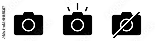 camera icon set. camera photo icon symbol, snapshot sign including basic, flash, and disabled versions or no-camera options | for photography, video, and multimedia interfaces