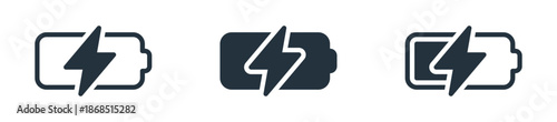 Battery charging icon with lightning bolt symbol and various fill levels. Perfect for indicating power levels, energy apps, and charging status on various devices