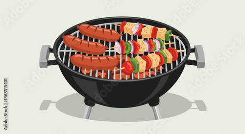 Barbecue grill with sausages and vegetable skewers cooking outdoors.