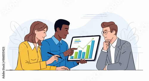 Business team analyzing data on tablet.