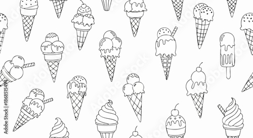 Seamless pattern of hand drawn ice cream cone doodles.