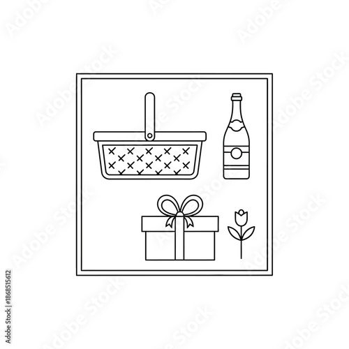 Celebration Icons: Gift Box, Champagne Bottle, Picnic Basket, Rose