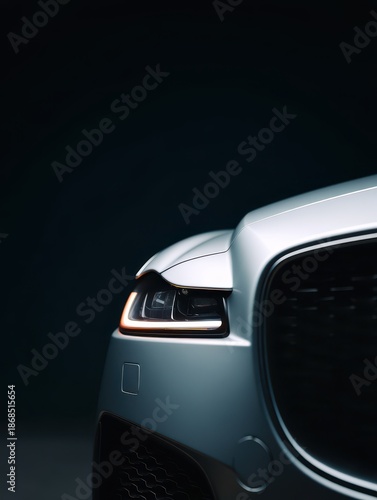 Luxury car's modern sleek design with illuminated headlight and grill, featuring advanced automotive lighting and elegant silver aesthetics on a dark background