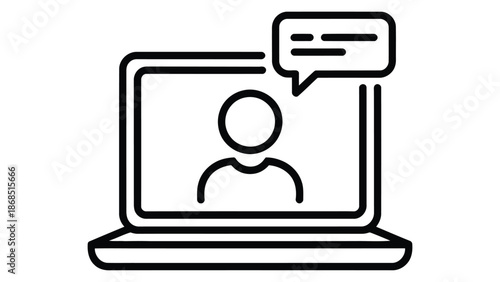 online communication icon showing person on laptop with chat message bubble representing virtual meeting, customer support, video call and digital conversation concept
