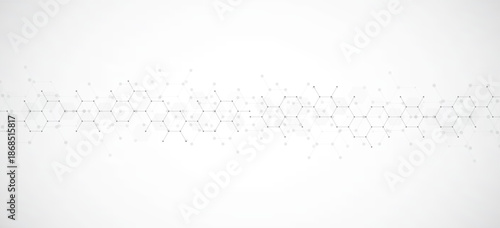 Hexagons pattern on gray background. Genetic research, molecular structure. Chemical engineering. Concept of innovation technology. Used for design healthcare, science and medicine background