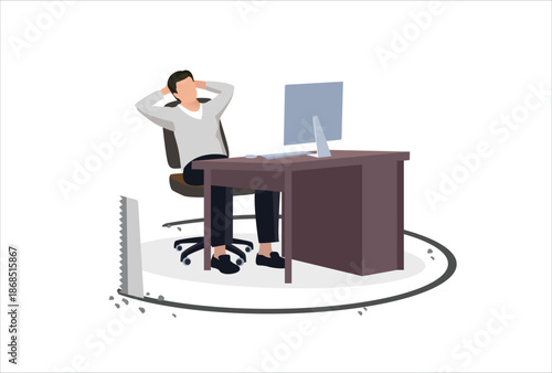 Toxic office, jealousy colleagues, office abuse or bullying, betrayal or threats, failure comfort zone or work problem concept, businessman getting chill on his desk being sawing floor broken down.