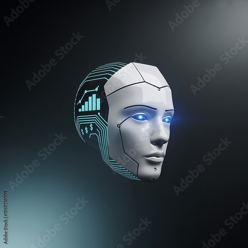 Sleek futuristic robot head with circuit patterns and glowing eyes