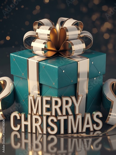 Teal Gift Box with Gold Ribbon and Merry Christmas Text
