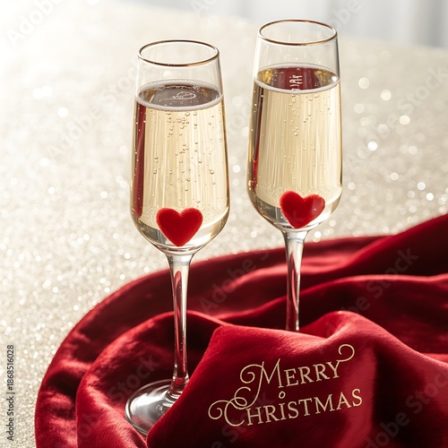 Two champagne flutes with red heart decorations on a red cloth with Merry Christmas text