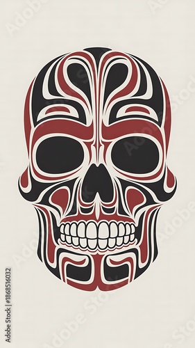 Haida Style Human Skull with Red and Black Patterns