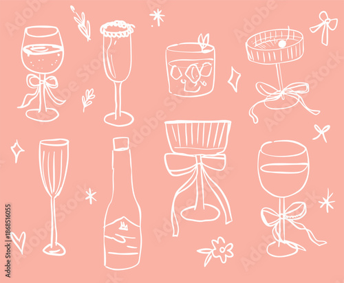 Elegant Hand Drawn Cocktail Glasses and Bottles Collection.