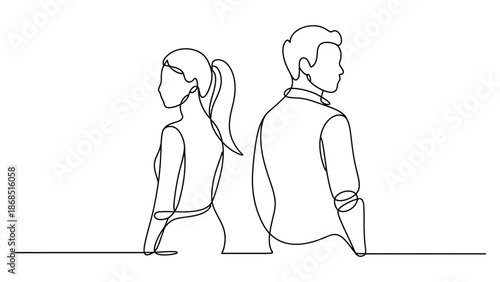 continuous line illustration of man and woman standing back to back showing conflict, distance, separation and relationship problems concept