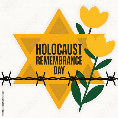 Yellow Star with Flowers and Barbed Wire Holocaust Remembrance Day