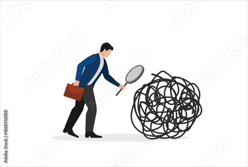 Analyze problem finding solution or opportunity, look for details to solve problem, discovery or search, root cause analysis or troubleshooting concept, businessman analyze mess with magnifying glass.