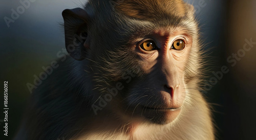 Expressive portrait of a rhesus macaque with dramatic lighting at dawn