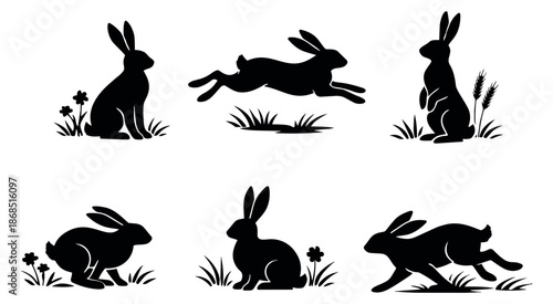 Minimalist silhouette rabbit set featuring various poses in nature for spring and Easter designs