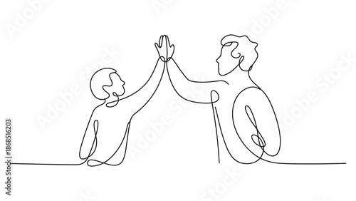 continuous line illustration of parent and child giving high five showing success, encouragement, motivation, teamwork and positive parenting concept