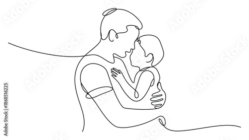continuous line illustration of father holding child showing love, care, parenting, protection and emotional bonding in minimal outline style